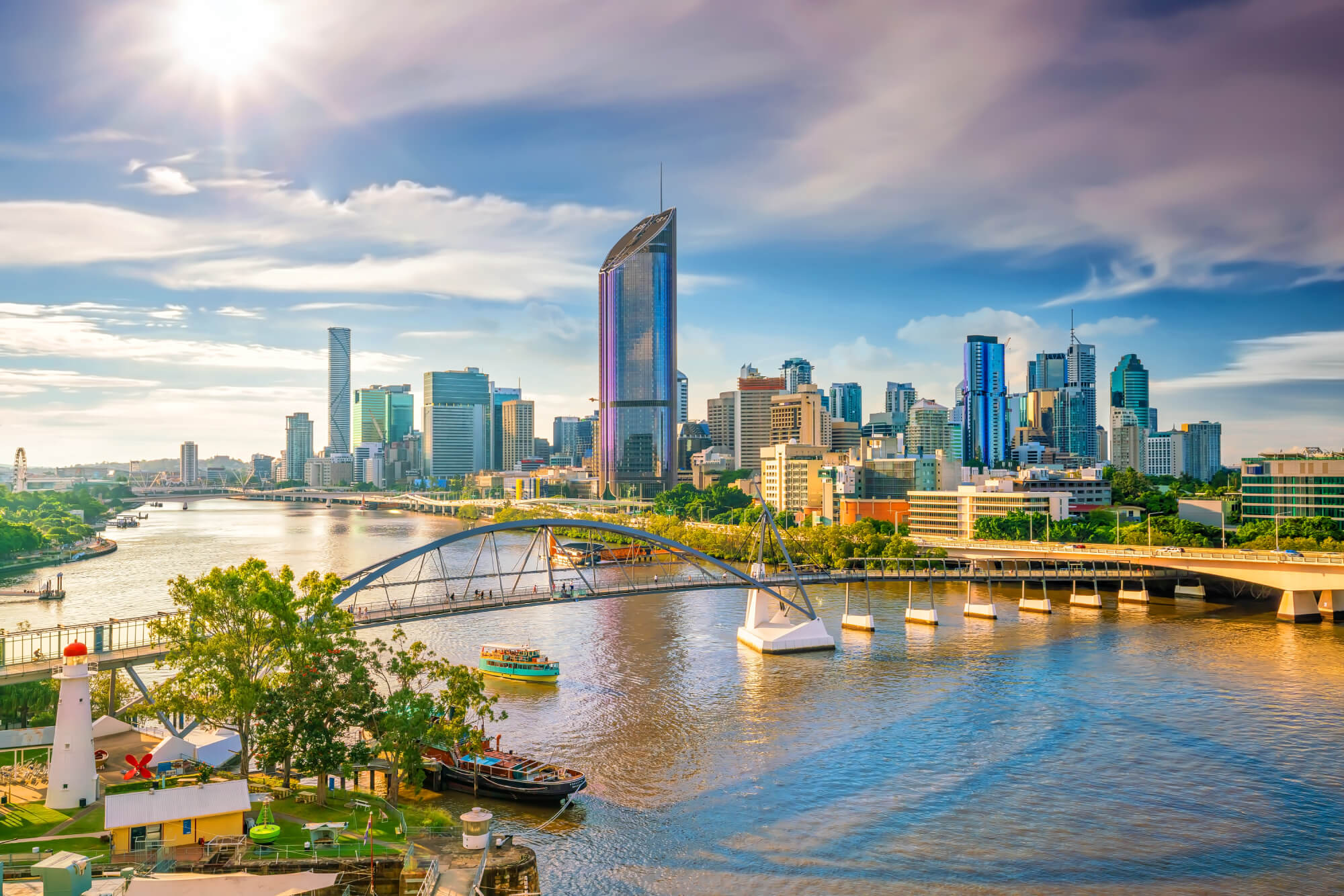 Brisbane city skyline and the Brisbane River at sunset, seen from South Bank
